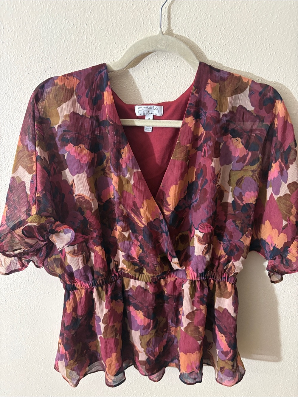 sofia by sofia vergara Burgundy Multi Floral Wrap Blouse